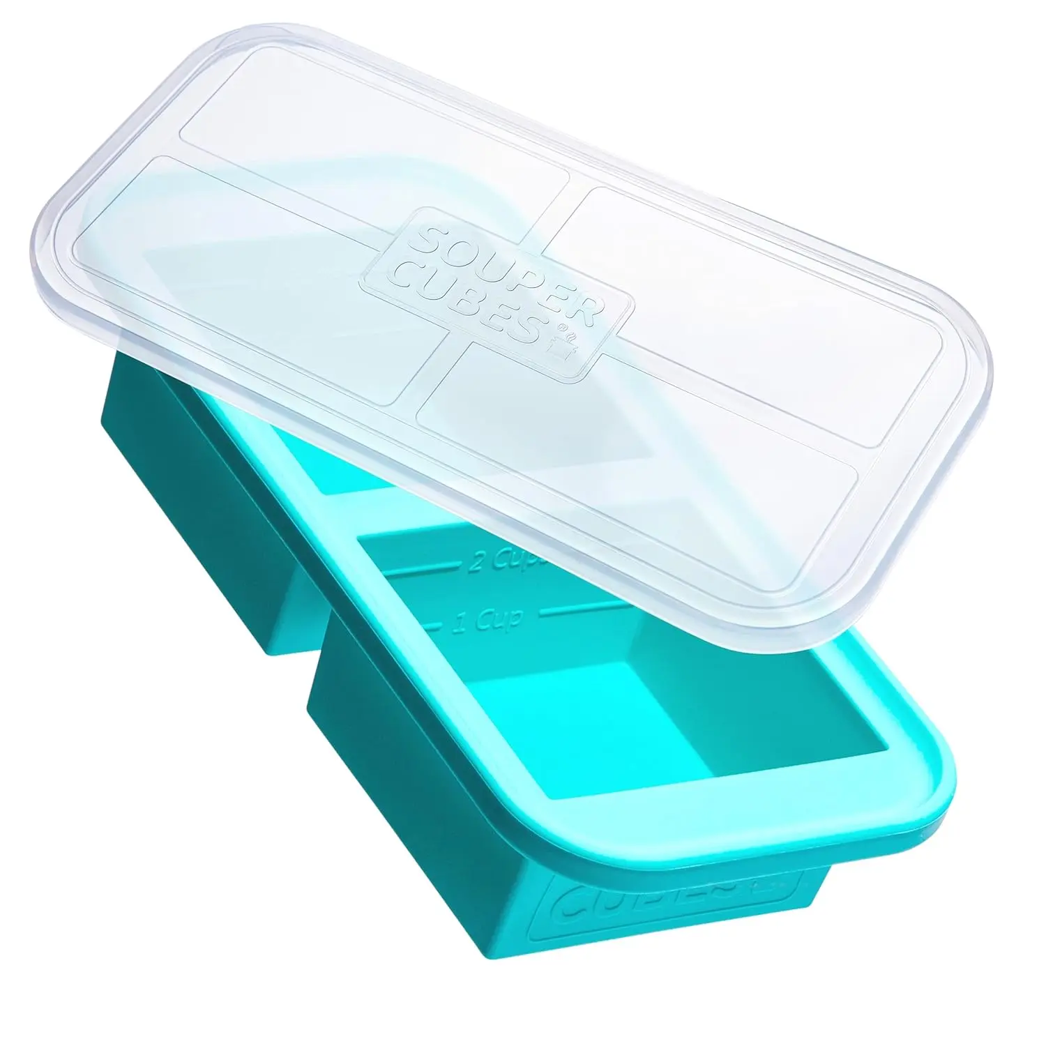 This aqua Souper Cubes 2-cup freezer tray with a lid is made of durable, food-safe silicone and is perfect for easy portioning and freezing soups, casseroles, and other meals.