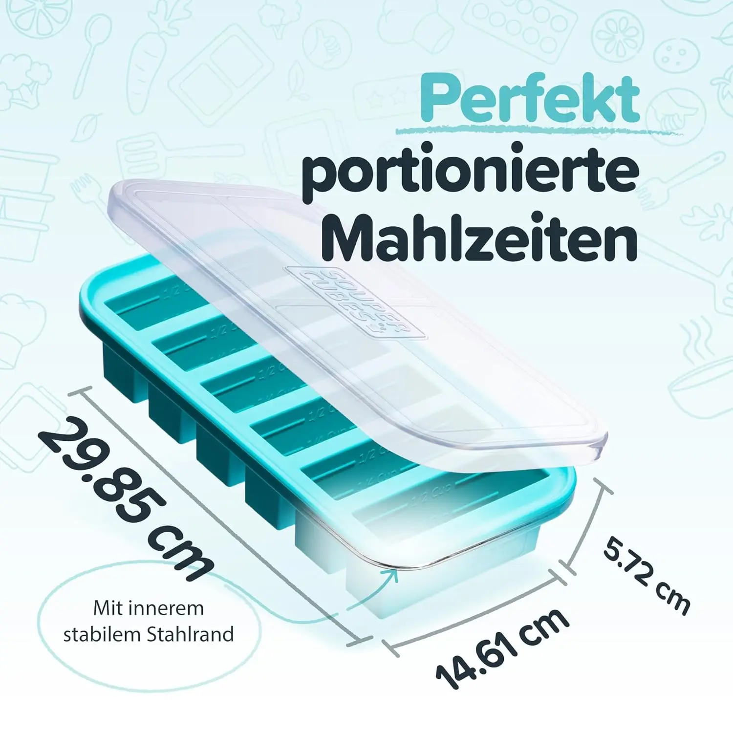 This aqua Souper Cubes 2-cup freezer tray with a lid is made of durable, food-safe silicone and is perfect for easy portioning and freezing soups, casseroles, and other meals.