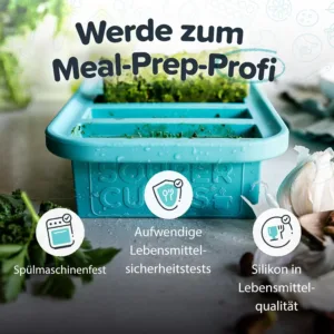 This aqua Souper Cubes 2-cup freezer tray with a lid is made of durable, food-safe silicone and is perfect for easy portioning and freezing soups, casseroles, and other meals.