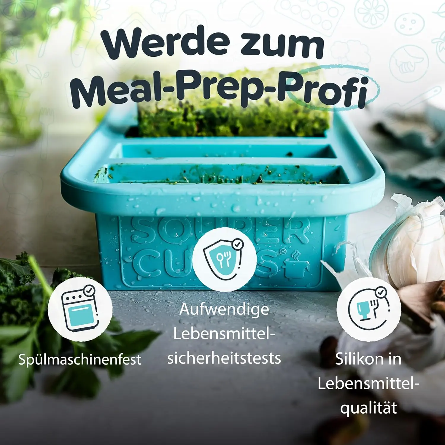 This aqua Souper Cubes 2-cup freezer tray with a lid is made of durable, food-safe silicone and is perfect for easy portioning and freezing soups, casseroles, and other meals.