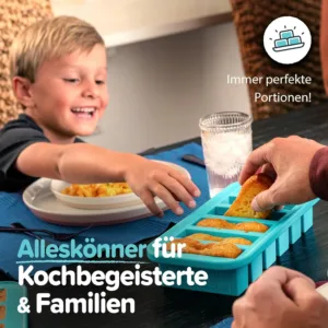 This aqua Souper Cubes 2-cup freezer tray with a lid is made of durable, food-safe silicone and is perfect for easy portioning and freezing soups, casseroles, and other meals.