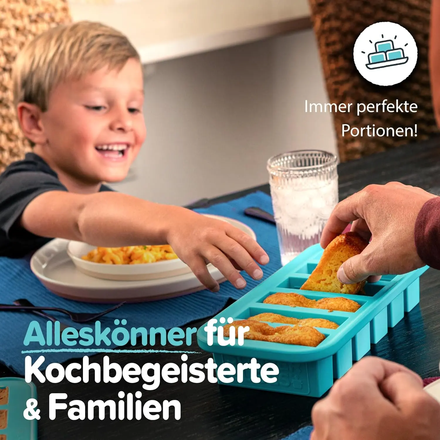 This aqua Souper Cubes 2-cup freezer tray with a lid is made of durable, food-safe silicone and is perfect for easy portioning and freezing soups, casseroles, and other meals.