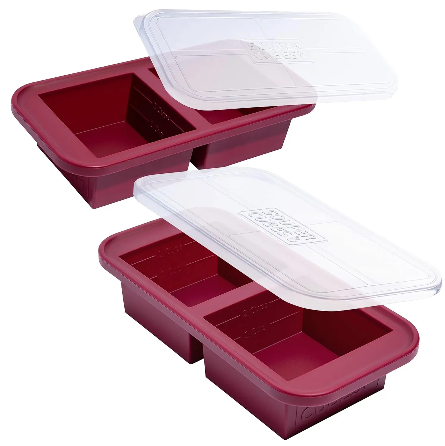 This aqua Souper Cubes 2-cup freezer tray with a lid is made of durable, food-safe silicone and is perfect for easy portioning and freezing soups, casseroles, and other meals.