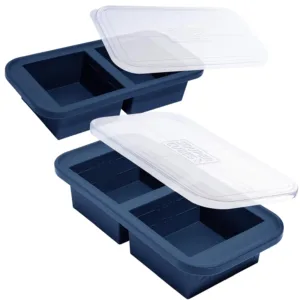 This aqua Souper Cubes 2-cup freezer tray with a lid is made of durable, food-safe silicone and is perfect for easy portioning and freezing soups, casseroles, and other meals.