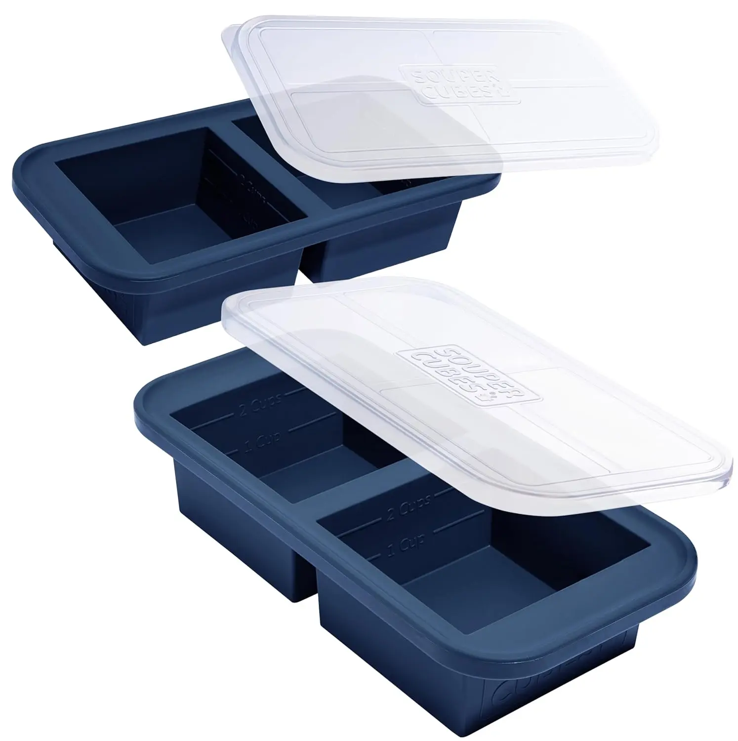 This aqua Souper Cubes 2-cup freezer tray with a lid is made of durable, food-safe silicone and is perfect for easy portioning and freezing soups, casseroles, and other meals.