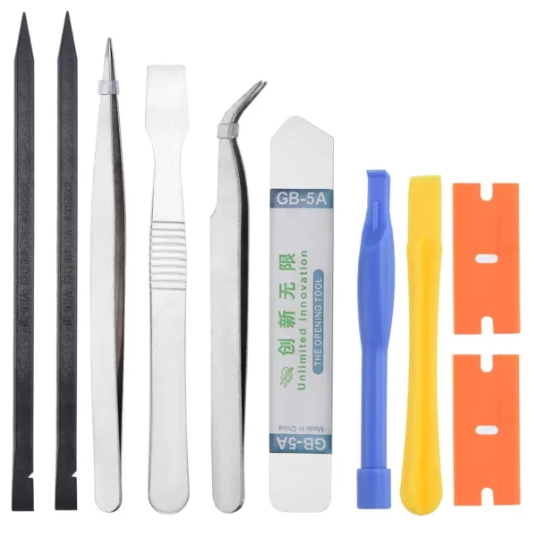 This 10-in-1 spudger pry tool set is designed for repairing electronics like phones, laptops, and tablets, featuring curved pry blades for easy and safe opening.