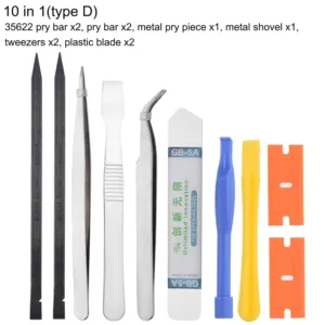 This 10-in-1 spudger pry tool set is designed for repairing electronics like phones, laptops, and tablets, featuring curved pry blades for easy and safe opening.