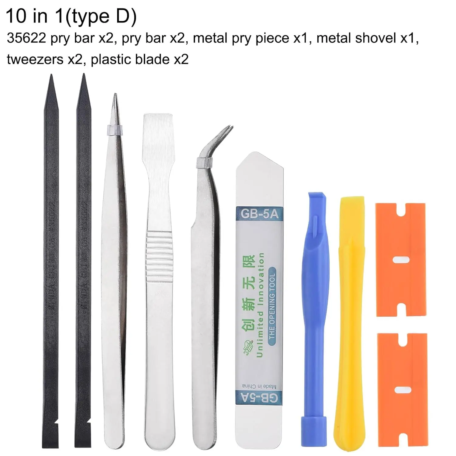 This 10-in-1 spudger pry tool set is designed for repairing electronics like phones, laptops, and tablets, featuring curved pry blades for easy and safe opening.