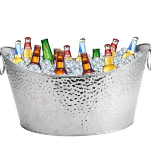 This stainless steel 12L beverage tub with sturdy metal handles keeps wine, beer, juice, and other drinks cool with ice, perfect for parties, weddings, and outdoor gatherings.