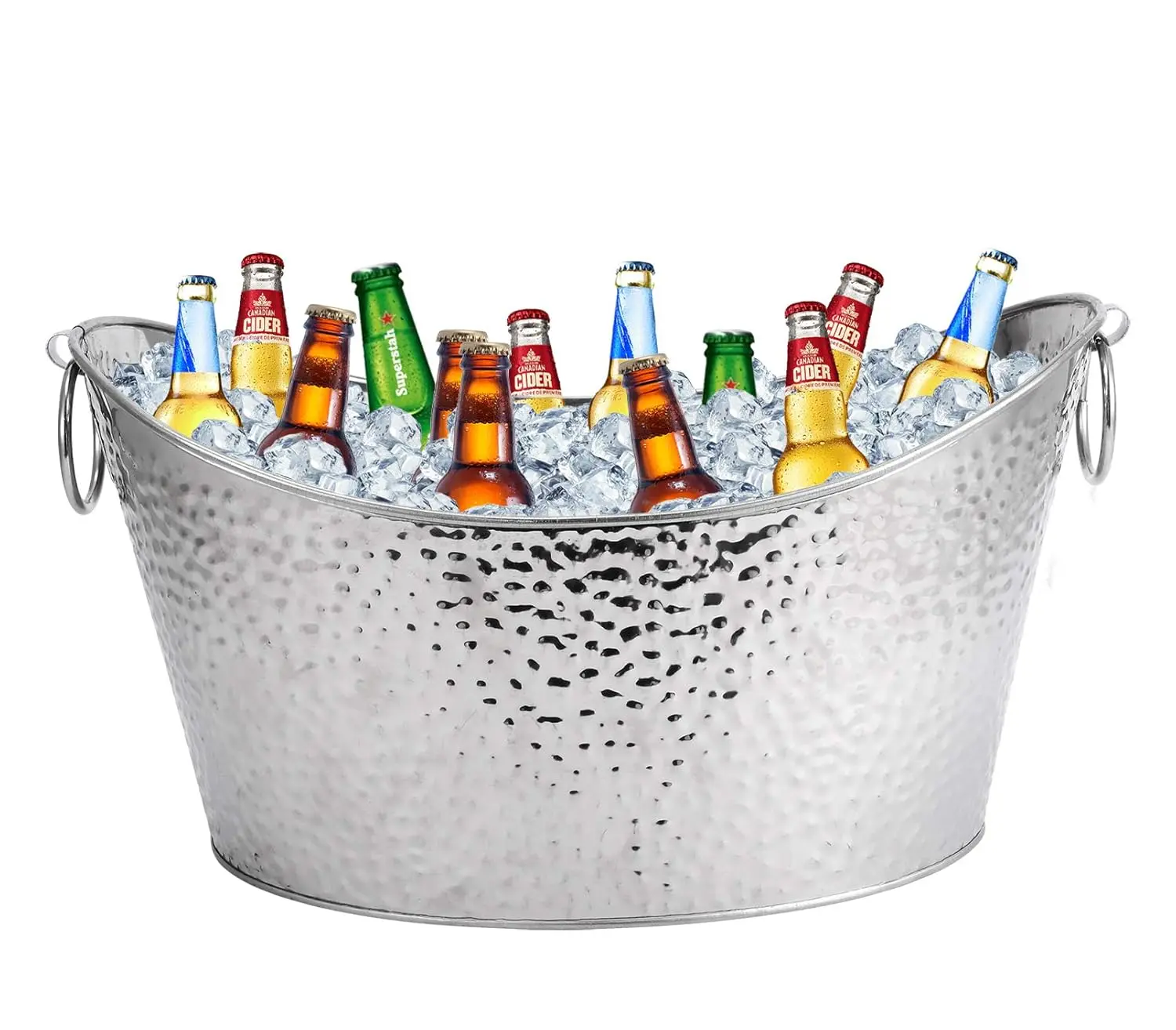 This stainless steel 12L beverage tub with sturdy metal handles keeps wine, beer, juice, and other drinks cool with ice, perfect for parties, weddings, and outdoor gatherings.