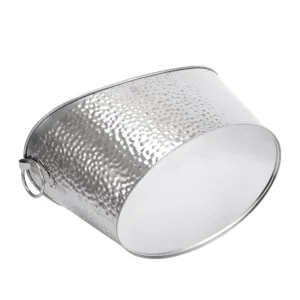 This stainless steel 12L beverage tub with sturdy metal handles keeps wine, beer, juice, and other drinks cool with ice, perfect for parties, weddings, and outdoor gatherings.