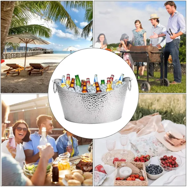This stainless steel 12L beverage tub with sturdy metal handles keeps wine, beer, juice, and other drinks cool with ice, perfect for parties, weddings, and outdoor gatherings.