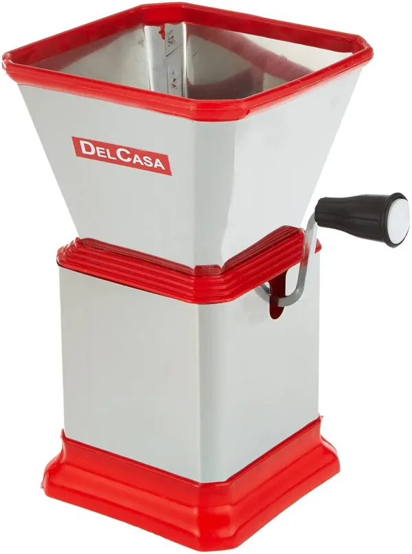 This is a stainless steel multi-color food chopper for chopping vegetables and onions with a rotating blade, reducing workload in the kitchen.