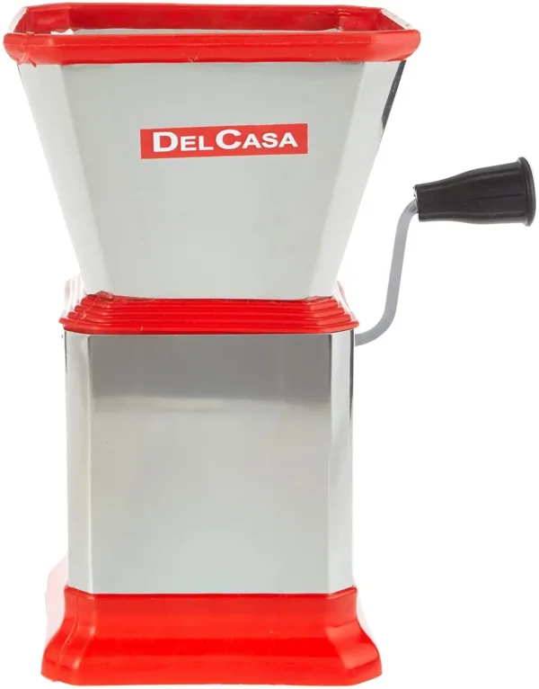 This is a stainless steel multi-color food chopper for chopping vegetables and onions with a rotating blade, reducing workload in the kitchen.