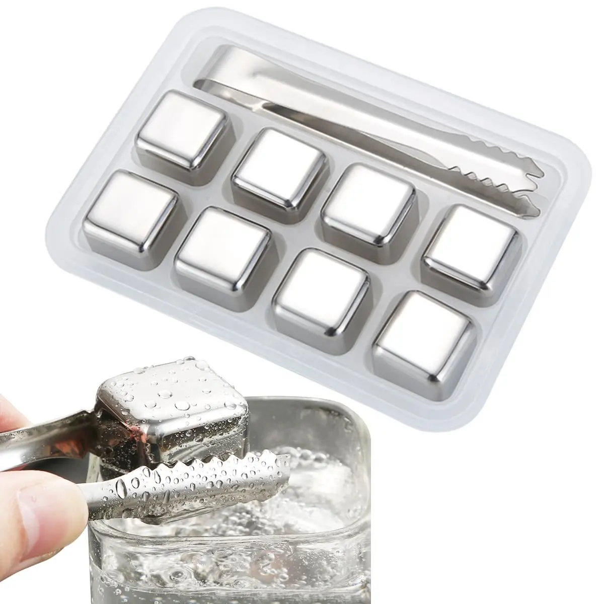 These reusable stainless steel ice cubes with a storage box and tongs provide a safe, fast, and easy way to chill drinks without diluting them.