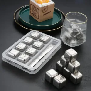 These reusable stainless steel ice cubes with a storage box and tongs provide a safe, fast, and easy way to chill drinks without diluting them.