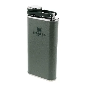 The green Stanley Classic Wide Mouth Hip Flask is made from stainless steel, features a wide mouth for easy pouring, and is leakproof for on-the-go use.