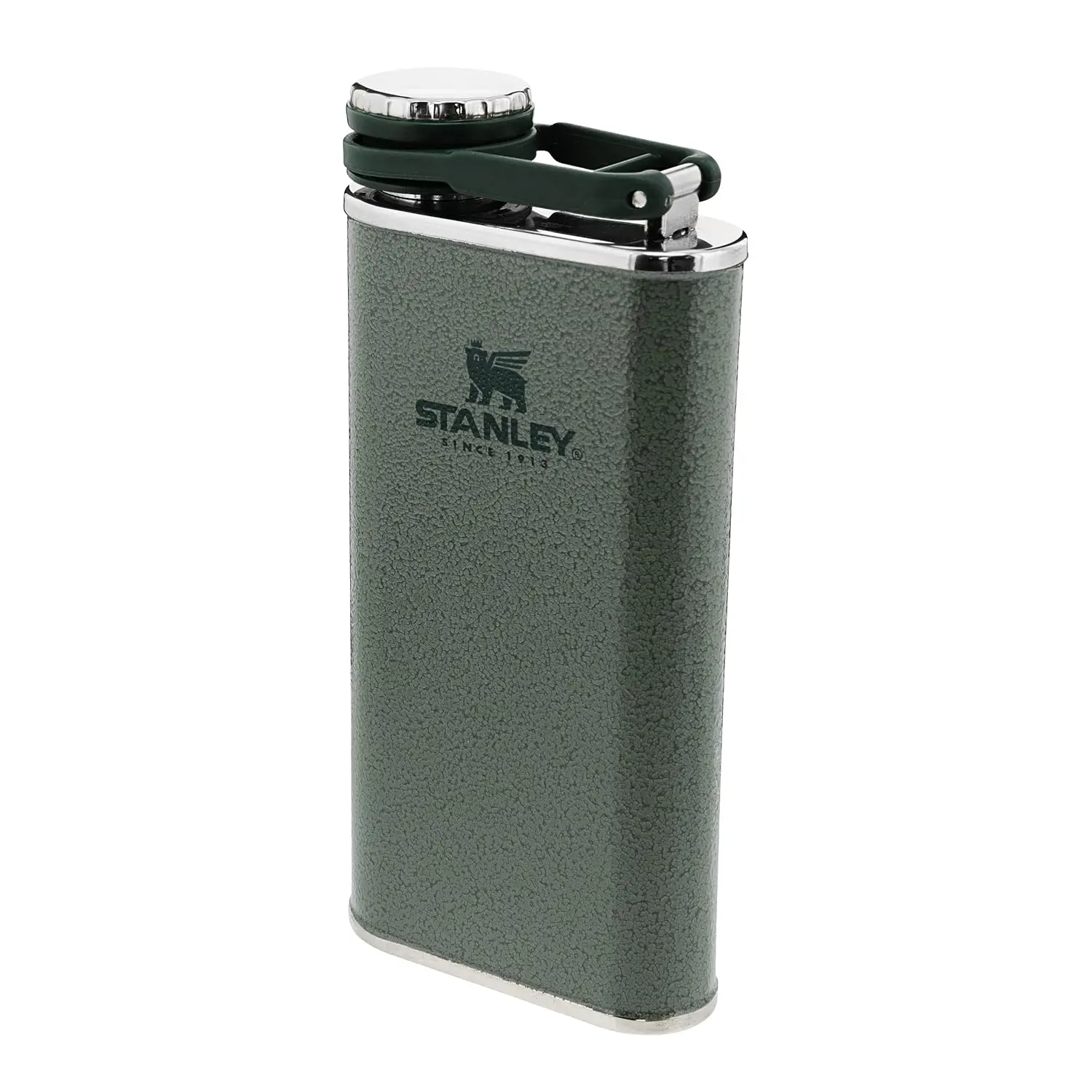 The green Stanley Classic Wide Mouth Hip Flask is made from stainless steel, features a wide mouth for easy pouring, and is leakproof for on-the-go use.