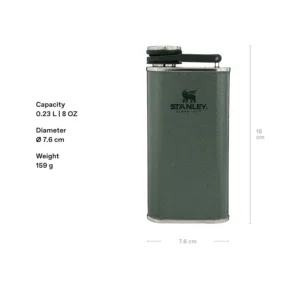 The green Stanley Classic Wide Mouth Hip Flask is made from stainless steel, features a wide mouth for easy pouring, and is leakproof for on-the-go use.