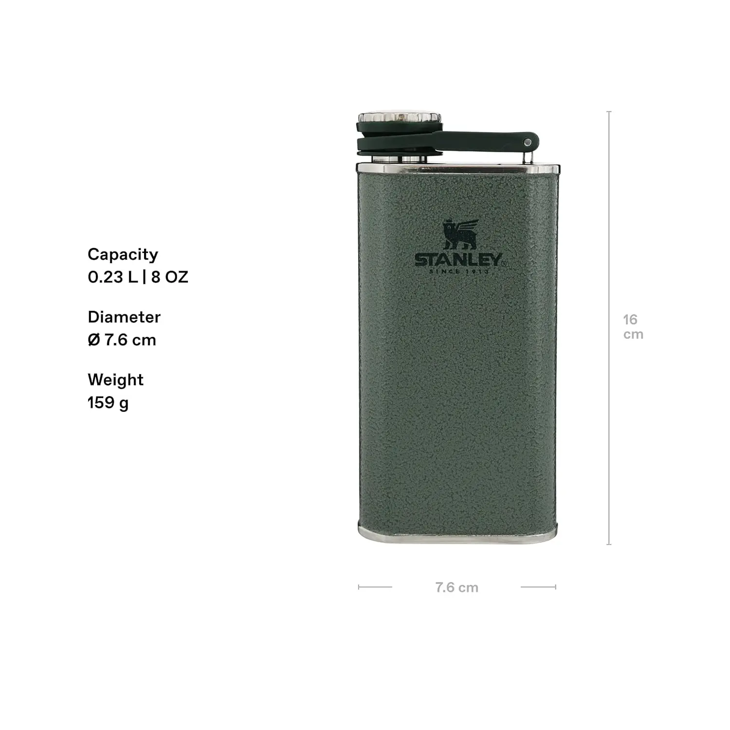 The green Stanley Classic Wide Mouth Hip Flask is made from stainless steel, features a wide mouth for easy pouring, and is leakproof for on-the-go use.
