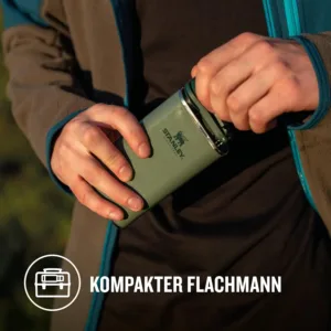 The green Stanley Classic Wide Mouth Hip Flask is made from stainless steel, features a wide mouth for easy pouring, and is leakproof for on-the-go use.