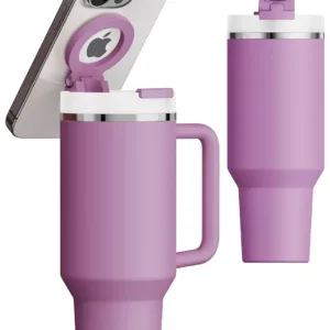 This magnetic phone holder for Stanley cups holds your phone securely while you stay hydrated, providing a convenient hands-free experience.