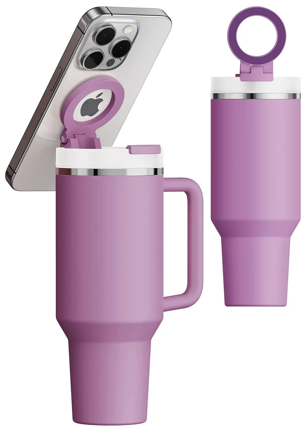 This magnetic phone holder for Stanley cups holds your phone securely while you stay hydrated, providing a convenient hands-free experience.