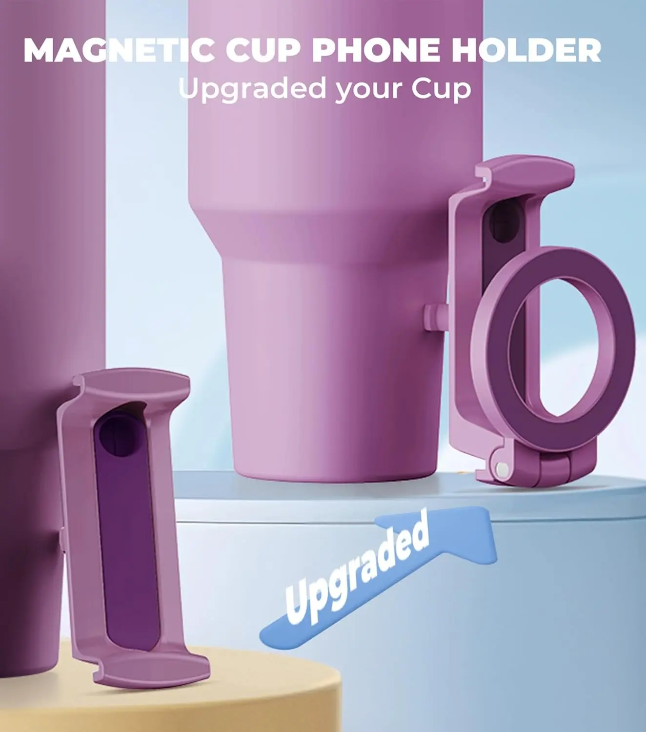 This magnetic phone holder for Stanley cups holds your phone securely while you stay hydrated, providing a convenient hands-free experience.