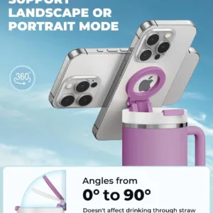 This magnetic phone holder for Stanley cups holds your phone securely while you stay hydrated, providing a convenient hands-free experience.