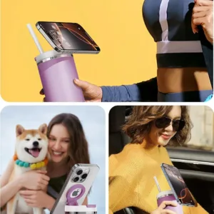 This magnetic phone holder for Stanley cups holds your phone securely while you stay hydrated, providing a convenient hands-free experience.