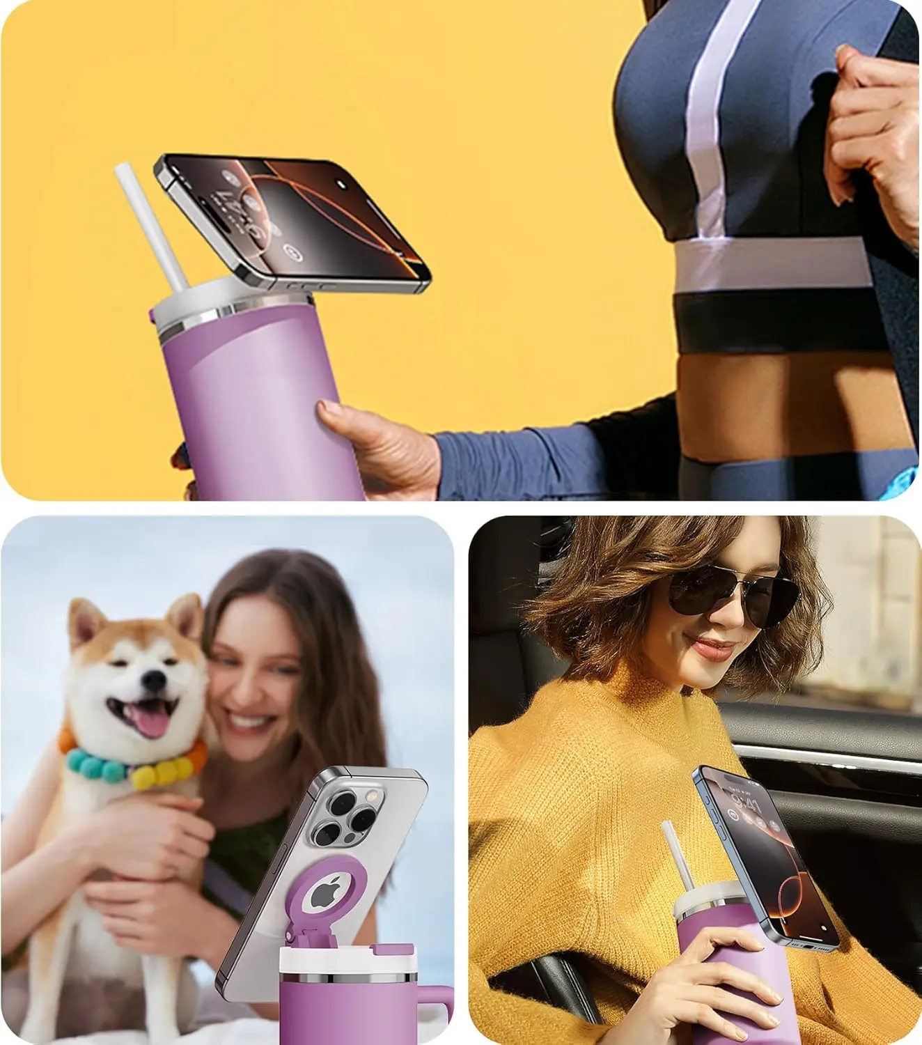 This magnetic phone holder for Stanley cups holds your phone securely while you stay hydrated, providing a convenient hands-free experience.