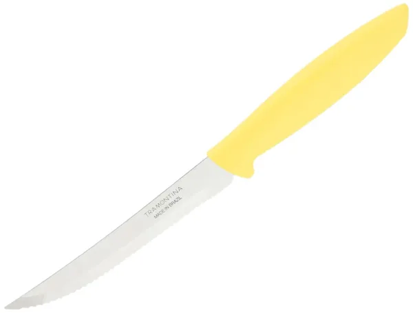 This vibrant yellow Tramontina Plenus knife features a sharp stainless steel blade perfect for slicing steaks and fruits, offering both elegance and functionality for everyday dining.