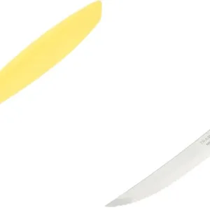 This vibrant yellow Tramontina Plenus knife features a sharp stainless steel blade perfect for slicing steaks and fruits, offering both elegance and functionality for everyday dining.