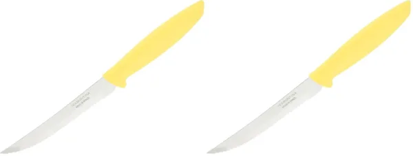 This vibrant yellow Tramontina Plenus knife features a sharp stainless steel blade perfect for slicing steaks and fruits, offering both elegance and functionality for everyday dining.