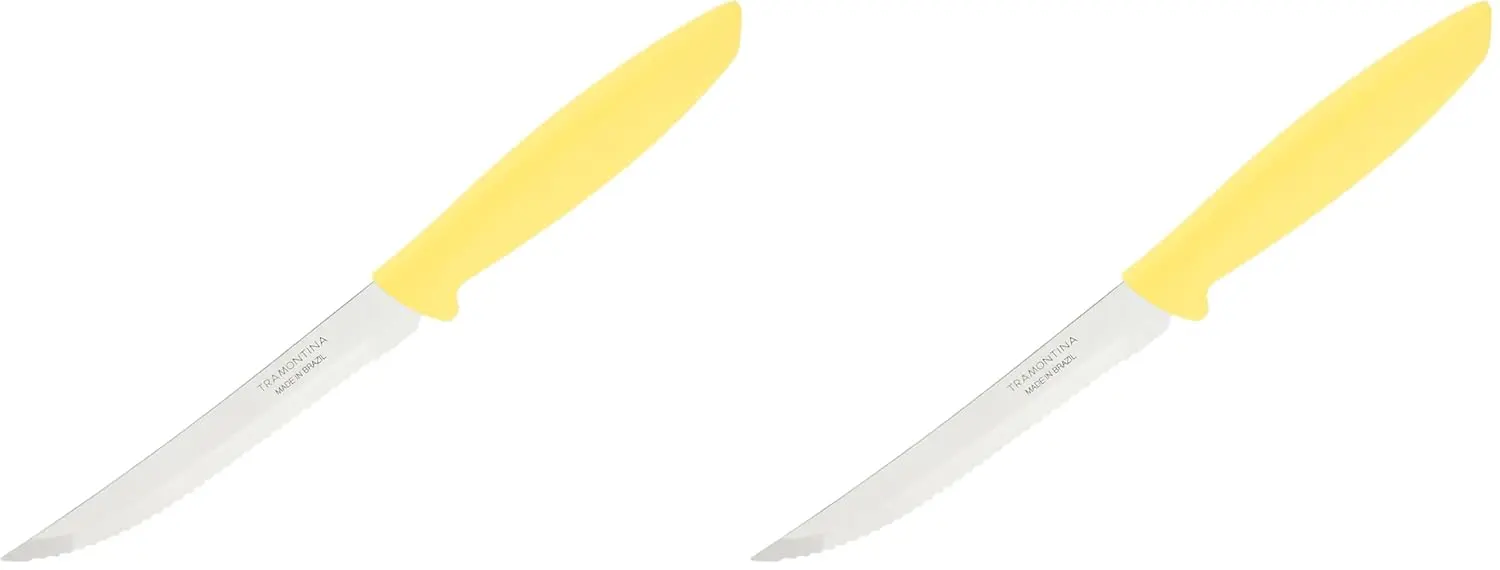 This vibrant yellow Tramontina Plenus knife features a sharp stainless steel blade perfect for slicing steaks and fruits, offering both elegance and functionality for everyday dining.