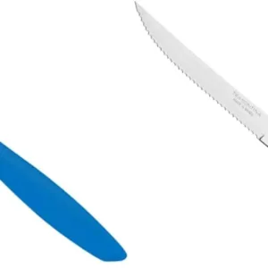 This vibrant yellow Tramontina Plenus knife features a sharp stainless steel blade perfect for slicing steaks and fruits, offering both elegance and functionality for everyday dining.