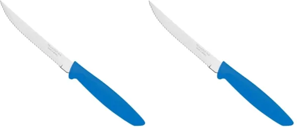 This vibrant yellow Tramontina Plenus knife features a sharp stainless steel blade perfect for slicing steaks and fruits, offering both elegance and functionality for everyday dining.