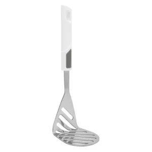 The Prestige steel head potato masher features a wide, angled stainless steel head and a white, ergonomic plastic handle with a soft grip for comfortable and efficient mashing of potatoes and other foods.