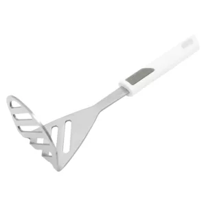 The Prestige steel head potato masher features a wide, angled stainless steel head and a white, ergonomic plastic handle with a soft grip for comfortable and efficient mashing of potatoes and other foods.