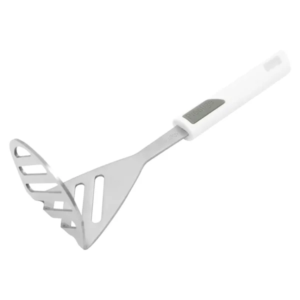 The Prestige steel head potato masher features a wide, angled stainless steel head and a white, ergonomic plastic handle with a soft grip for comfortable and efficient mashing of potatoes and other foods.