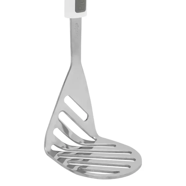 The Prestige steel head potato masher features a wide, angled stainless steel head and a white, ergonomic plastic handle with a soft grip for comfortable and efficient mashing of potatoes and other foods.