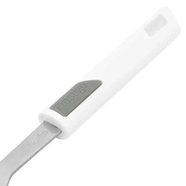 The Prestige steel head potato masher features a wide, angled stainless steel head and a white, ergonomic plastic handle with a soft grip for comfortable and efficient mashing of potatoes and other foods.