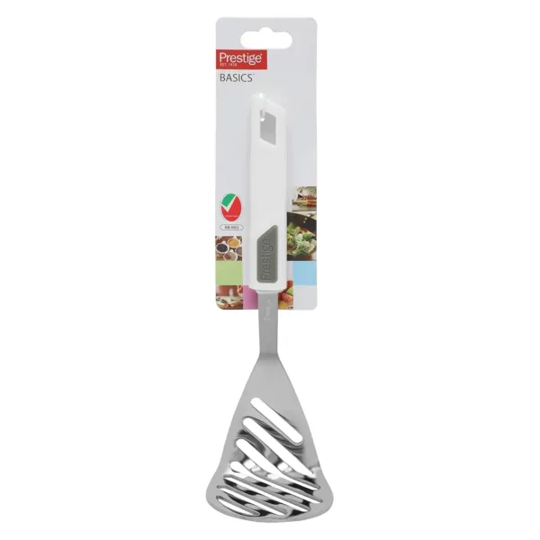 The Prestige steel head potato masher features a wide, angled stainless steel head and a white, ergonomic plastic handle with a soft grip for comfortable and efficient mashing of potatoes and other foods.