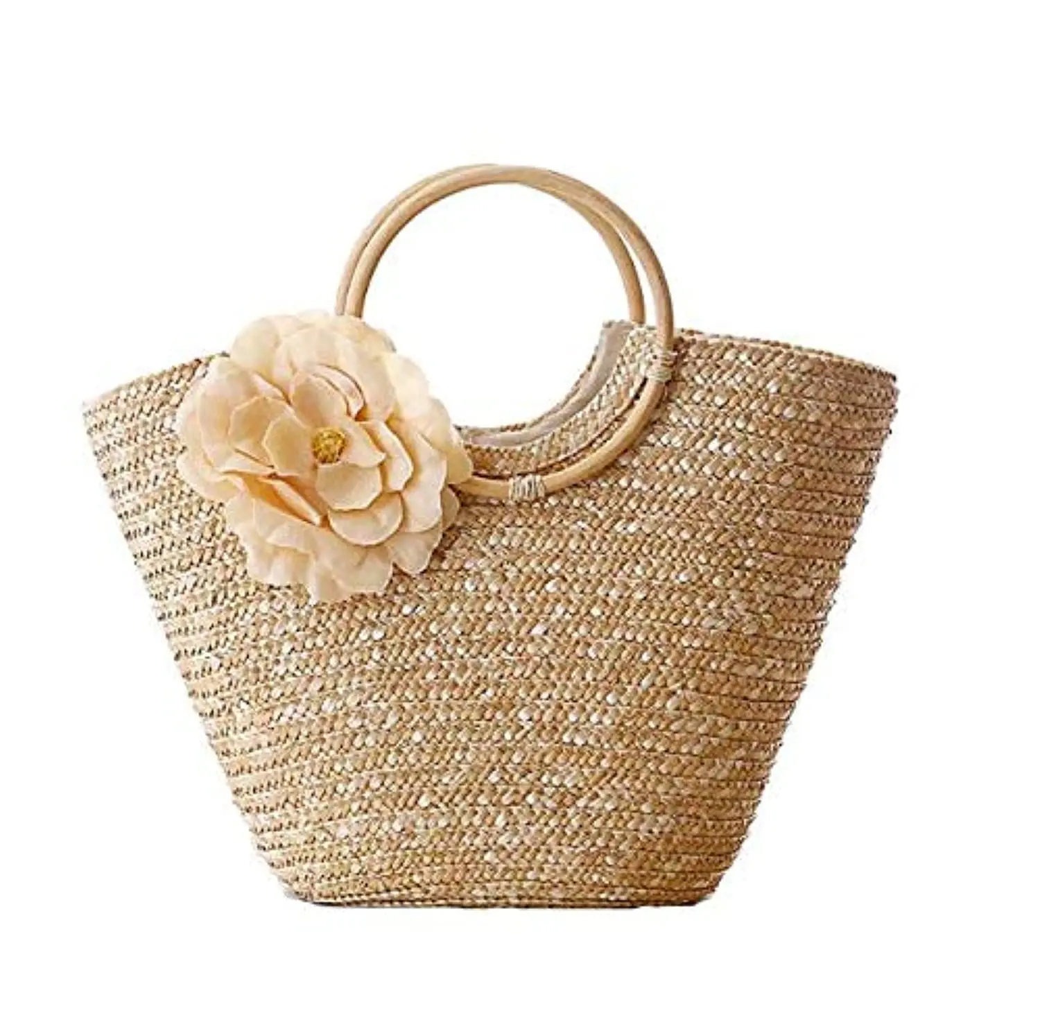 Off-white straw tote bag for women, perfect for summer, featuring a woven design and big flower accent, ideal as a beach bag or fashionable handbag.
