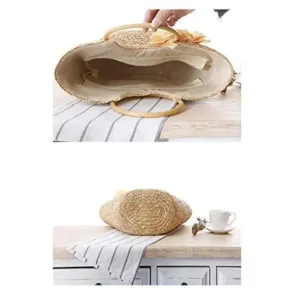 Off-white straw tote bag for women, perfect for summer, featuring a woven design and big flower accent, ideal as a beach bag or fashionable handbag.