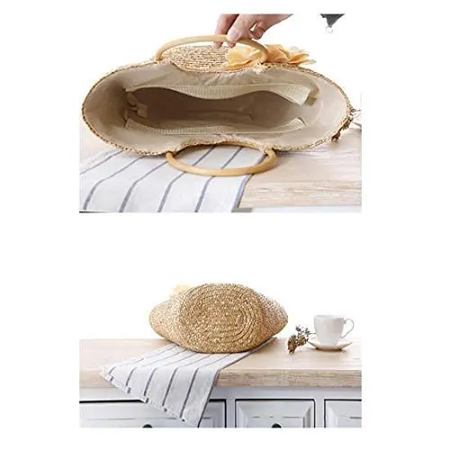 Off-white straw tote bag for women, perfect for summer, featuring a woven design and big flower accent, ideal as a beach bag or fashionable handbag.