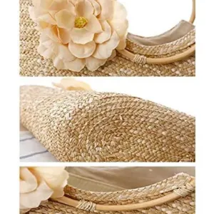 Off-white straw tote bag for women, perfect for summer, featuring a woven design and big flower accent, ideal as a beach bag or fashionable handbag.
