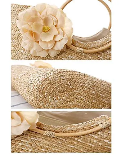 Off-white straw tote bag for women, perfect for summer, featuring a woven design and big flower accent, ideal as a beach bag or fashionable handbag.