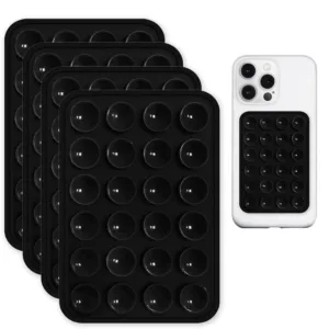 This four-pack of black silicone suction phone mounts provides a strong, hands-free grip on smooth surfaces like mirrors and shower tiles for taking TikTok videos and selfies with iPhones and Android phones.
