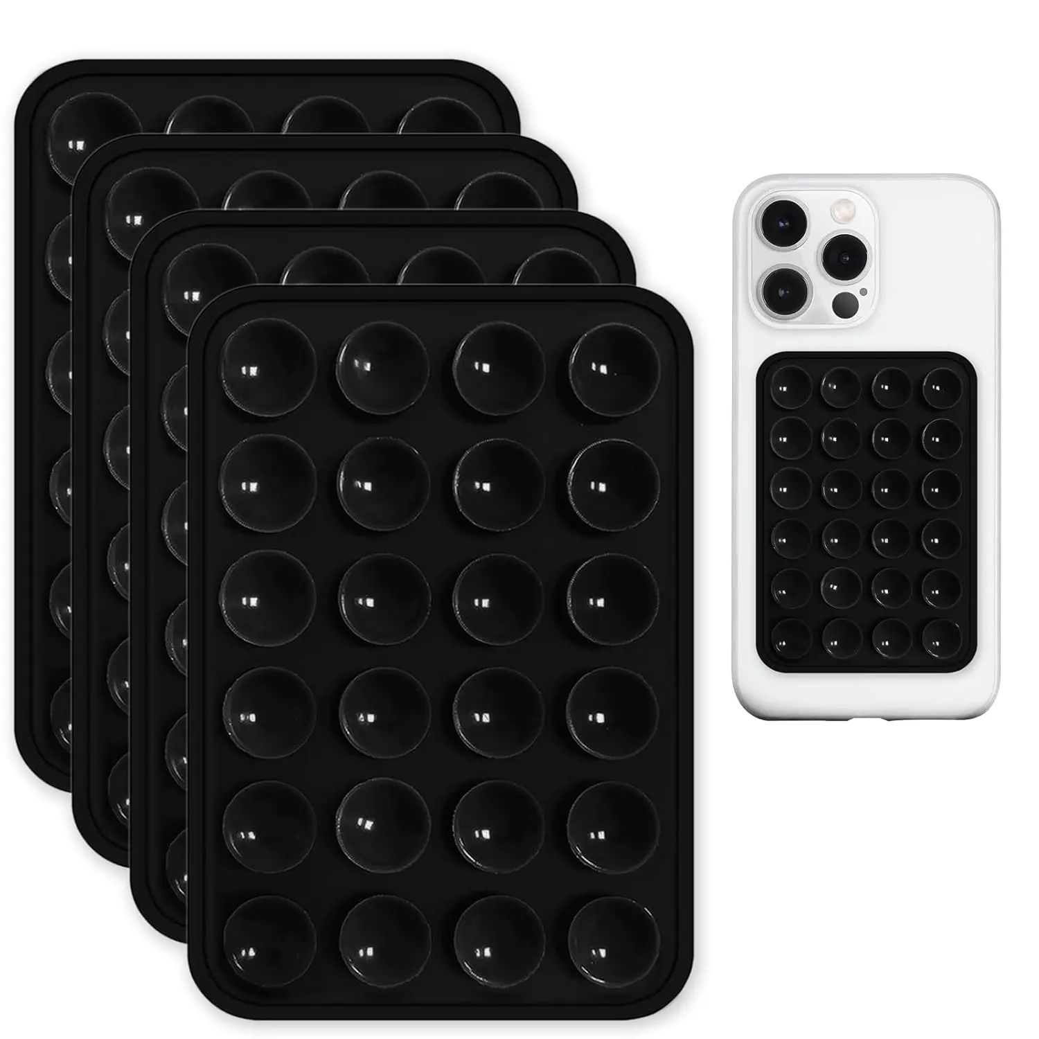 This four-pack of black silicone suction phone mounts provides a strong, hands-free grip on smooth surfaces like mirrors and shower tiles for taking TikTok videos and selfies with iPhones and Android phones.